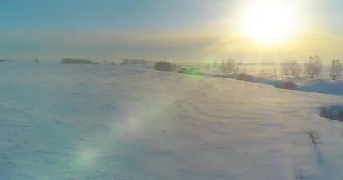 Aerial view of cold winter landscape arctic field, trees covered with frost snow Stock Footage 287296635