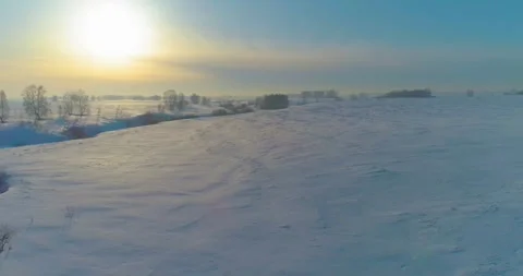 Aerial view of cold winter landscape arctic field, trees covered with frost snow Stock Footage 307574729