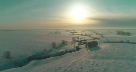 Aerial view of cold winter landscape arctic field, trees covered with frost snow Stock Footage 307575000