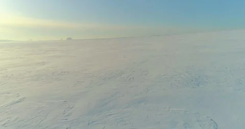 Aerial view of cold winter landscape arctic field, trees covered with frost snow Stock Footage 307575498