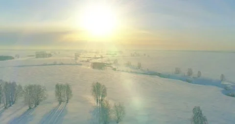 Aerial view of cold winter landscape arctic field, trees covered with frost snow Stock Footage 311526191