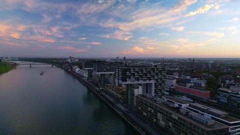 Aerial View of Cologne Kranhaeuser and Rhine River at Sunset 動画素材 313890856