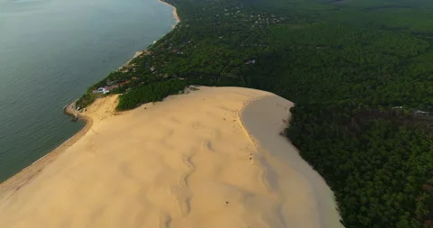Aerial view. Color contrast between green vegetation and white dunes of Pilat at Video stock 260272724