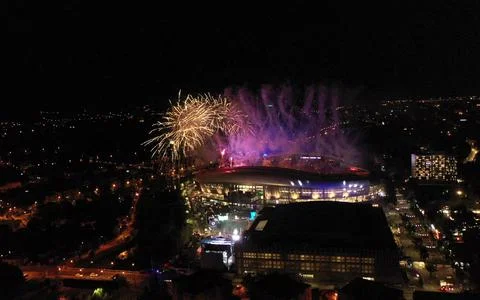 Aerial view of colorful fireworks exploding during night show at New Year's E Stock Photos