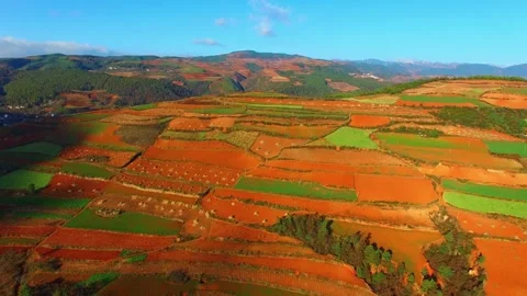 Aerial view of colorful patchwork fields in a mountain landscape Stock Footage 311816241