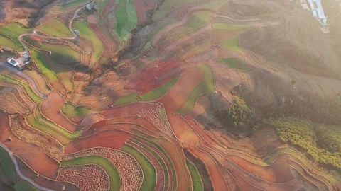 Aerial view of colorful terraced fields and red soil in Dongchuan, Yunnan, China Vídeos de archivo 345045718