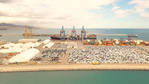 Aerial view of colourful container ship at Malage Port, Spain Stock Footage 120448778