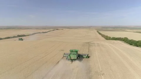 Aerial view of combine during Fall harvest near Regina, Saskatchewan. Stock Footage 153440562