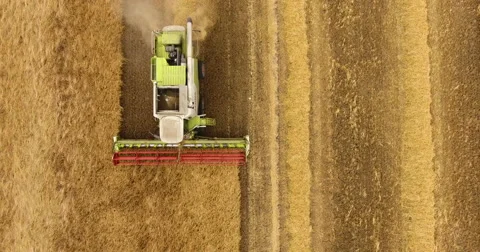 Aerial view of combine harvester Stock Footage