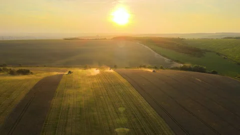 Aerial view of combine harvesters workin... | Stock Video | Pond5
