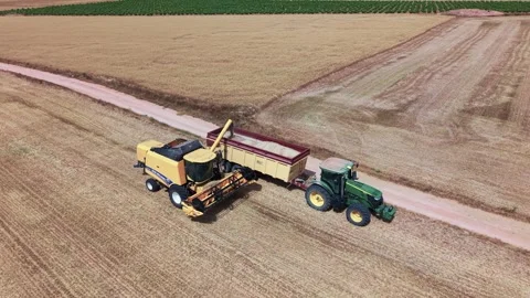 Aerial view of combine unloading harvested wheat grain into tractor trailer Stock Footage 336619301