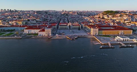 Aerial view of Comerce Square Scenery. Historic city landscape. Lisbon, Portugal Stock Footage 311804638