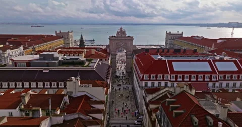 Aerial view of Comerce Square Scenery. Historic city landscape. Lisbon Stock Footage 315312406