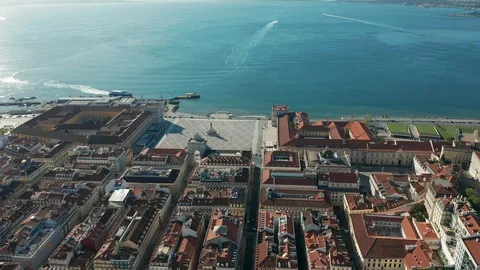 Aerial view. Comercio Square and Rua Augusta Arch in Lisbon, Portugal. Stock Footage 120095620