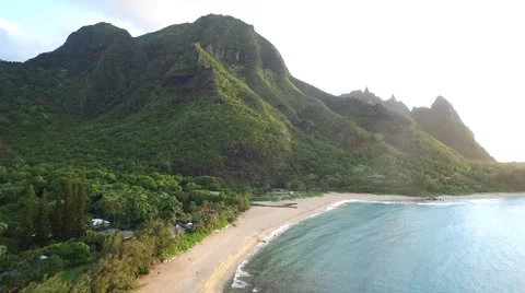 Aerial view coming down to shore, panning along beach Video stock 61475741