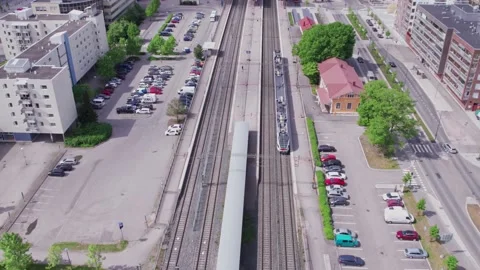 Aerial view of the commuter train, Espoo, Finland. Stock Footage 198716443