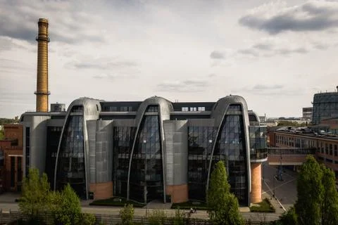 Aerial view complex buildings former EC1 power plant after revitalization. Stock Photos