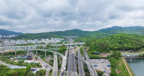 Aerial view of complex highway interchange in Uiwang, Gyeonggi-do, South Korea Video stock 333882436