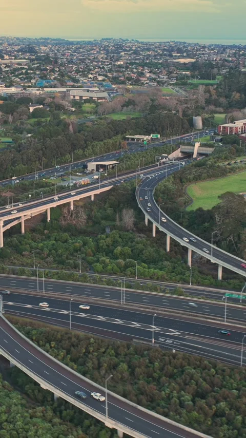 Aerial view of a complex highway interchange in Auckland, New Zealand Stock-Footage 338306633