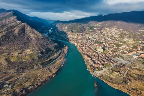 Aerial view of confluence of rivers in Mtskheta, Georgia Stock Photos