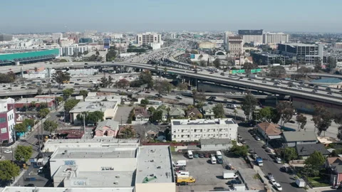 Aerial view of congested, busy, crowded highway traffic in urban Los Angeles Stock Footage 273746923