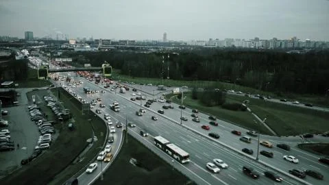 Aerial view of congested road traffic at big highway intersection Stock Photos