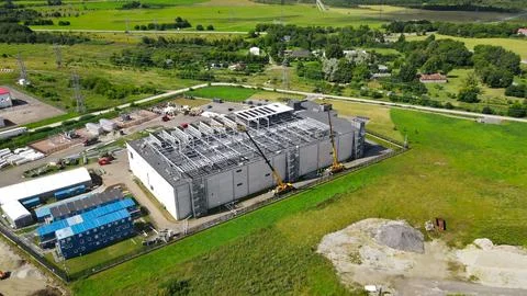 Aerial view constructing large AI data center building Stock Photos