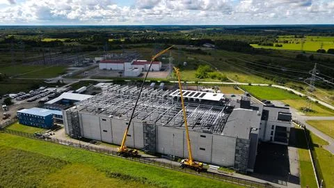 Aerial view constructing large data center power substation Stock Photos