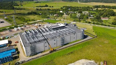 Aerial view constructing large data center building Stockfoto's