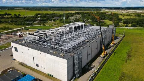 Aerial view constructing large modern data center facility Stock Photos