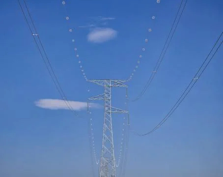 AERIAL VIEW OF CONSTRUCTION AND MAINTENANCE OF HIGH VOLTAGE TOWERS Stock Photos
