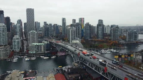 Aerial view of the construction on bridge in Vancouver near downtown Stock Footage 143444252