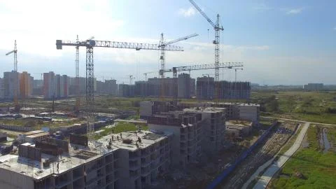 Aerial view on construction building. Construction site workers, aerial, Top Fotos de archivo
