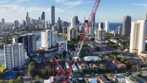 Aerial View of Construction Crane Over Surfers Paradise Skyline Video stock 344624405