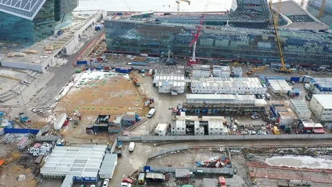 Aerial view of construction cranes and skyscraper Lakhta Center Stock-Footage 125850848