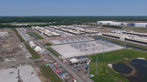 Aerial view of the construction of data center facility, large AI center Stock Footage 336040233