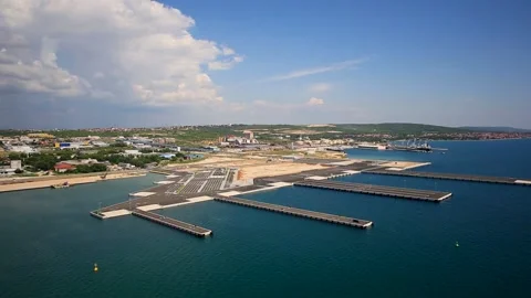 Aerial view of a construction of ferry port at Zadar, Croatia Stock Footage 148999998