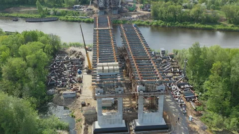 Aerial view of the construction of the highway Stock Footage 108415776