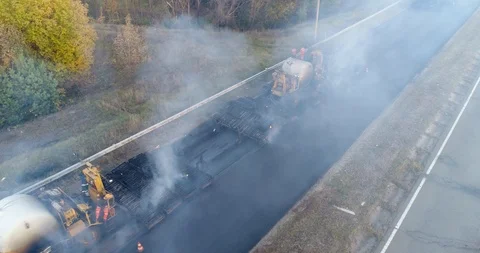 Aerial view: Construction of Highways. Hot Recycling Machines running on the Stockbeeldmateriaal 103307345