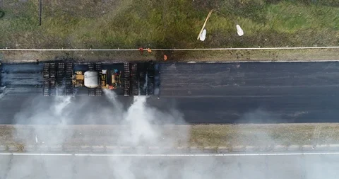 Aerial view: Construction of Highways. Hot Recycling Machines running on the Stockbeeldmateriaal 103307460
