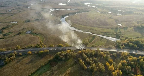 Aerial view: Construction of Highways. Hot Recycling Machines running on the Stockbeeldmateriaal 103307740