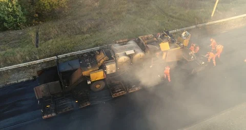 Aerial view: Construction of Highways. Hot Recycling Machines running on the Stockbeeldmateriaal 103307968