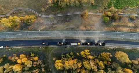Aerial view: Construction of Highways. Hot Recycling Machines running on the Stockbeeldmateriaal 103308772