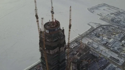 Aerial view: Construction of largest in Europe high-altitude building in SPb Stock Footage 71291786