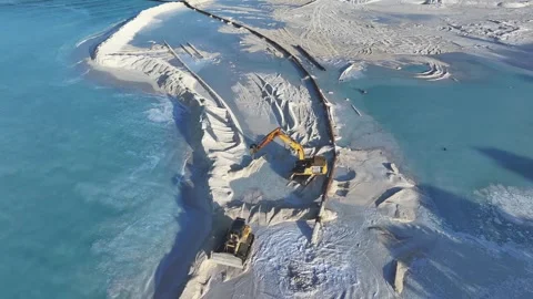 Aerial view of construction machines on the beach, Maldives. Stock Footage 312343603