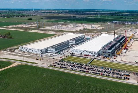 Aerial view of construction of massive power campus and Artificial Intelligence Stock Photos