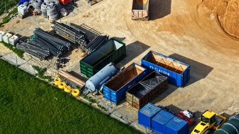 Aerial View of Construction Material Storage Yard with Pipes, Containers Fotos Stock