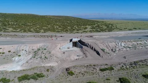 Aerial view of the construction of a new bridge in Argentina. Stock Photos