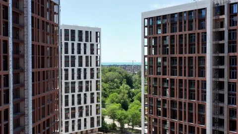 Aerial view. Construction of new multi-storey buildings in a residential area of 스톡 동영상 155041954
