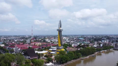 Aerial view of the construction process of the zero kilometer point monumen.. Stock Footage 283478487